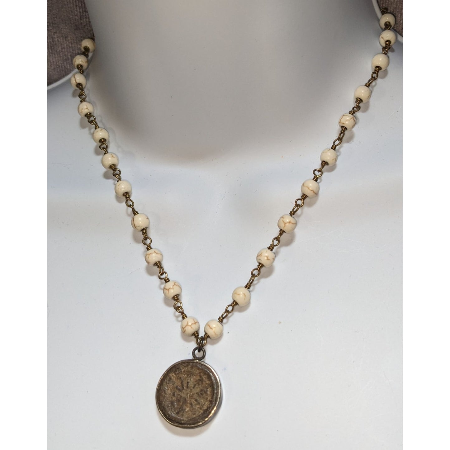 Roman Coin Pendant Necklace Cream Howlite Beaded Antique Bronze Medallion Boho Vintage