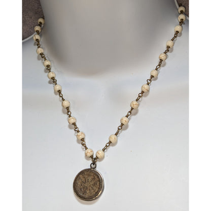 Roman Coin Pendant Necklace Cream Howlite Beaded Antique Bronze Medallion Boho Vintage