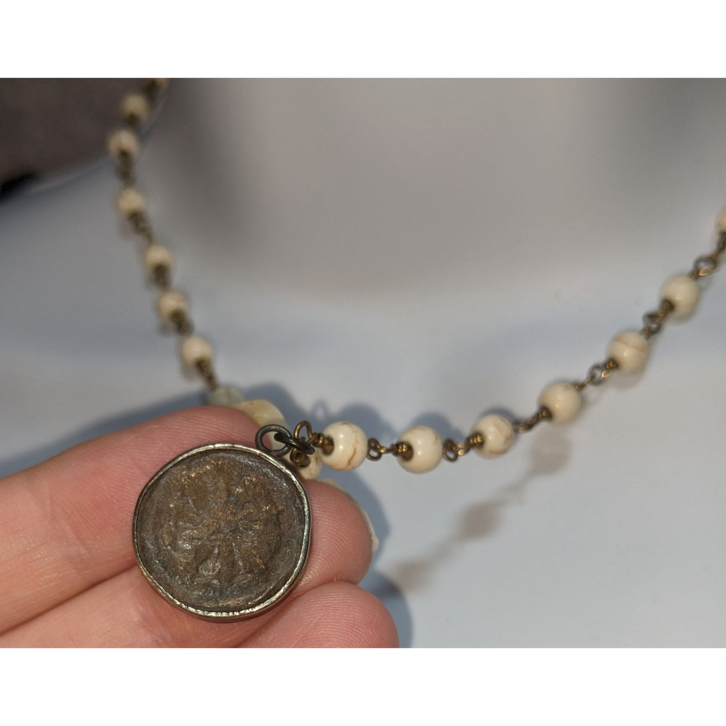 Roman Coin Pendant Necklace Cream Howlite Beaded Antique Bronze Medallion Boho Vintage