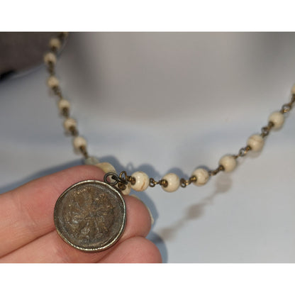 Roman Coin Pendant Necklace Cream Howlite Beaded Antique Bronze Medallion Boho Vintage
