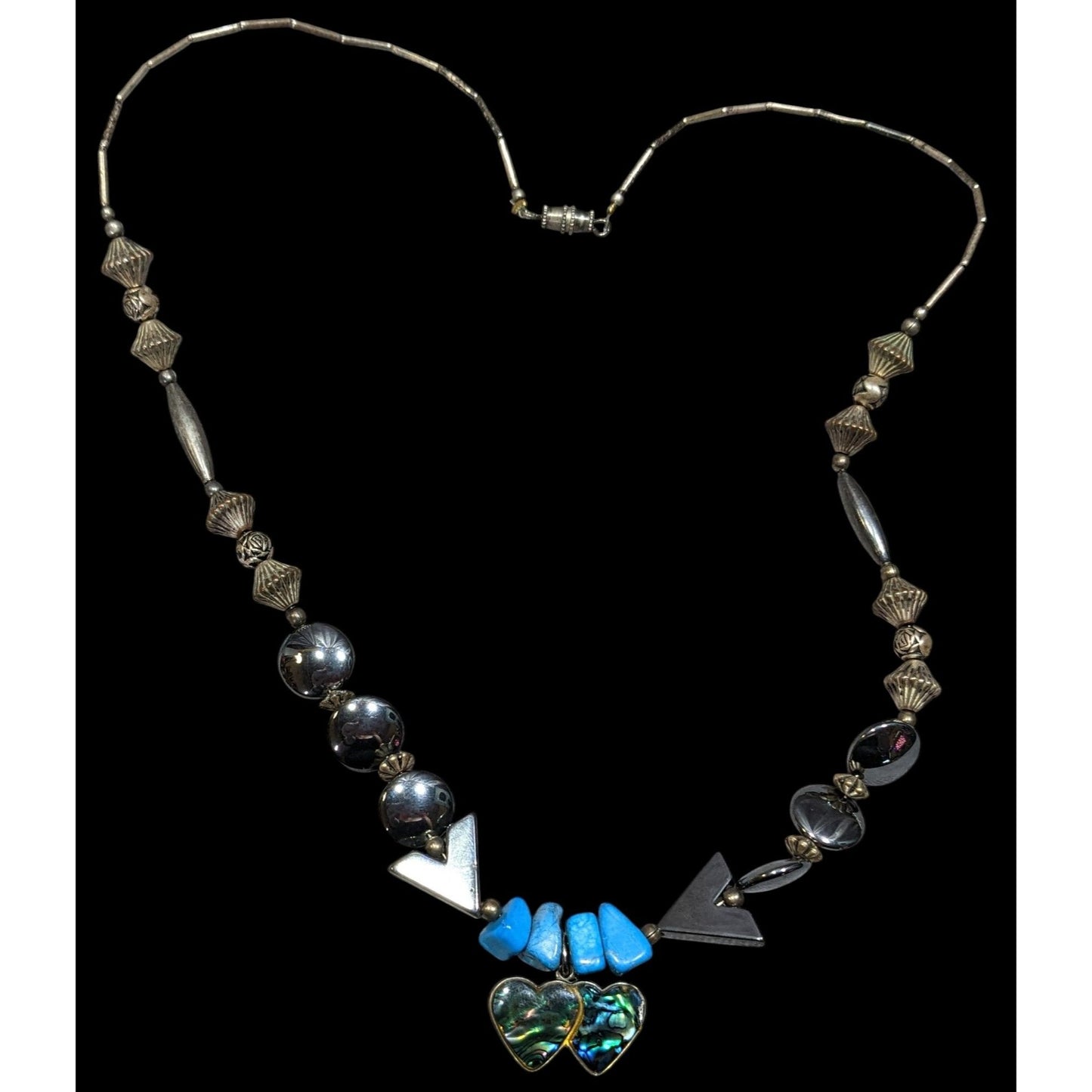 Vintage Handmade Romantic Heart Hematite Turquoise Liquid Silver And Mother Of Pearl Necklace