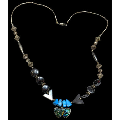 Vintage Handmade Romantic Heart Hematite Turquoise Liquid Silver And Mother Of Pearl Necklace