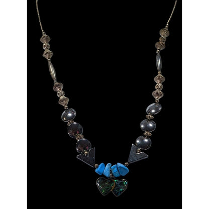 Vintage Handmade Romantic Heart Hematite Turquoise Liquid Silver And Mother Of Pearl Necklace