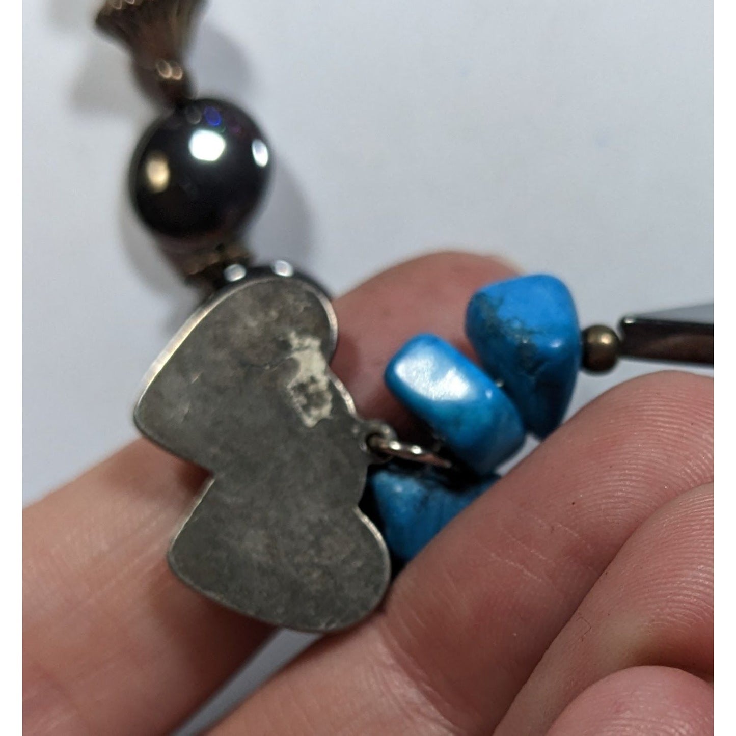 Vintage Handmade Romantic Heart Hematite Turquoise Liquid Silver And Mother Of Pearl Necklace