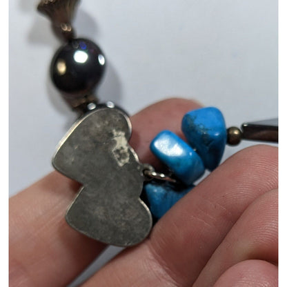 Vintage Handmade Romantic Heart Hematite Turquoise Liquid Silver And Mother Of Pearl Necklace