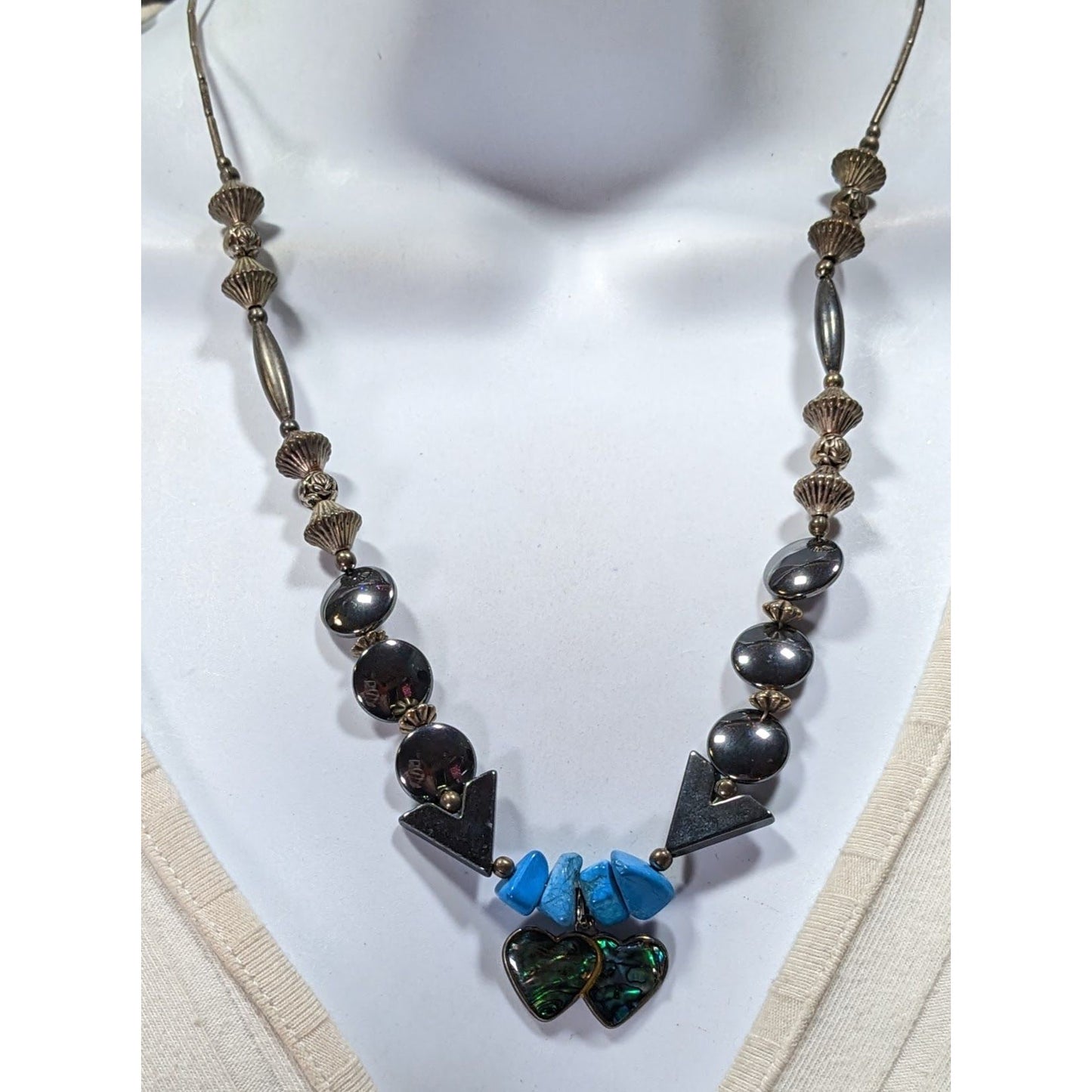 Vintage Handmade Romantic Heart Hematite Turquoise Liquid Silver And Mother Of Pearl Necklace
