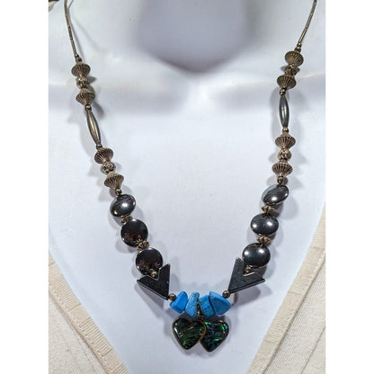 Vintage Handmade Romantic Heart Hematite Turquoise Liquid Silver And Mother Of Pearl Necklace