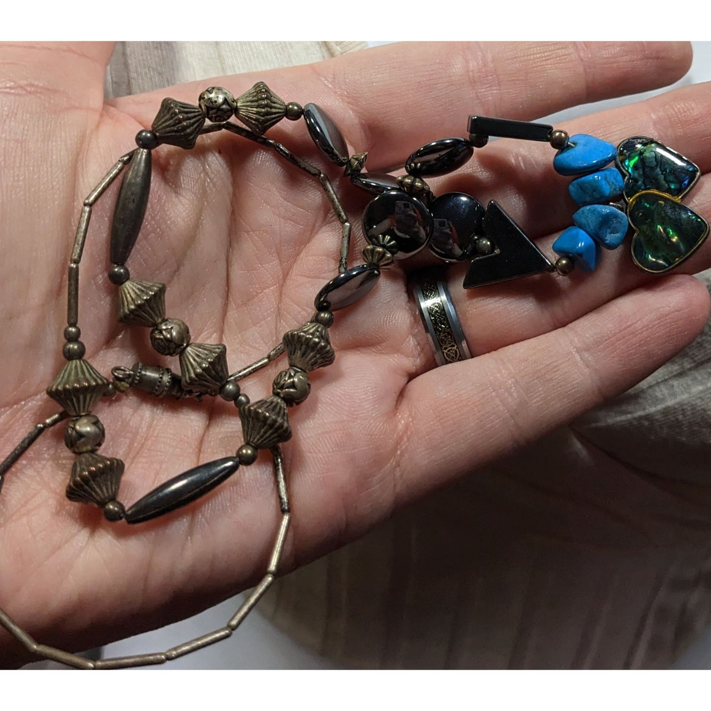 Vintage Handmade Romantic Heart Hematite Turquoise Liquid Silver And Mother Of Pearl Necklace