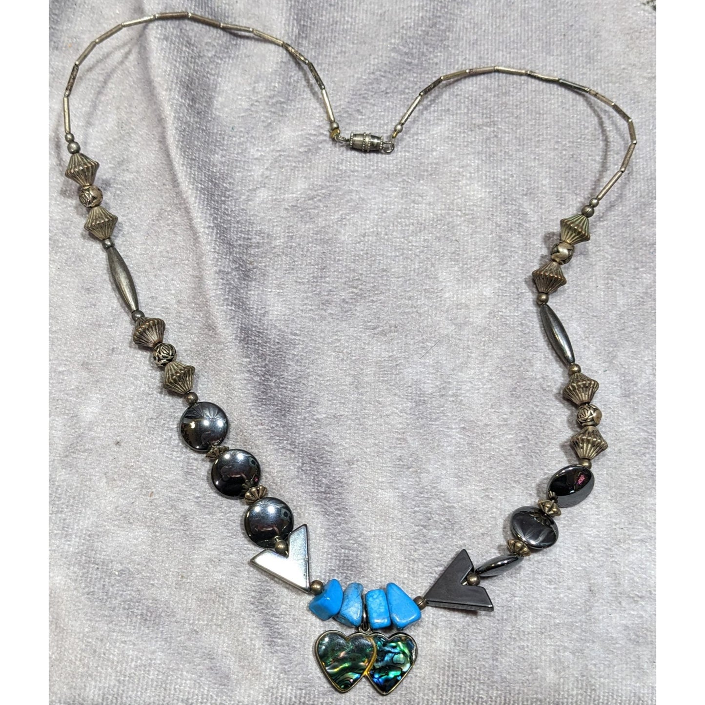 Vintage Handmade Romantic Heart Hematite Turquoise Liquid Silver And Mother Of Pearl Necklace