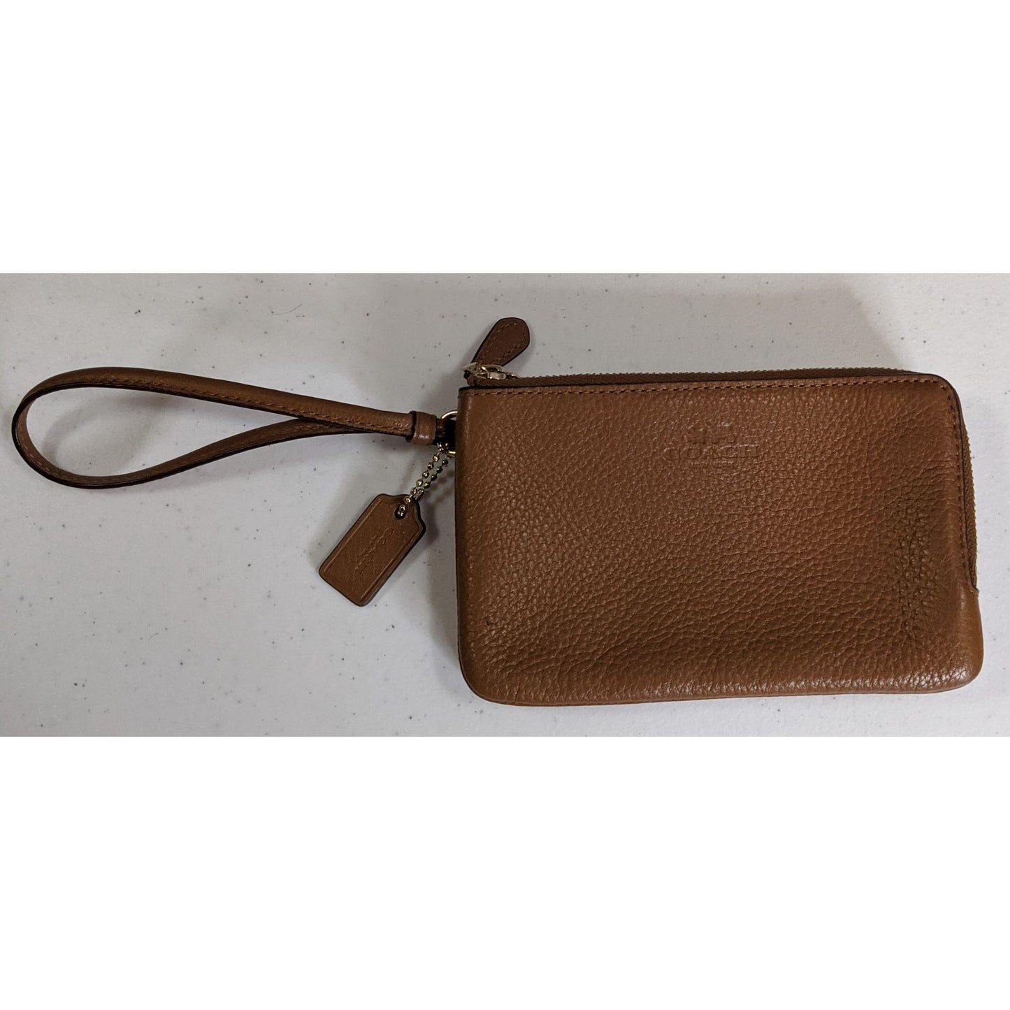 Coach Double-Zip Pebbled Leather Wristlet 4"x6"x1" With 5-Inch Strap In Saddle Brown