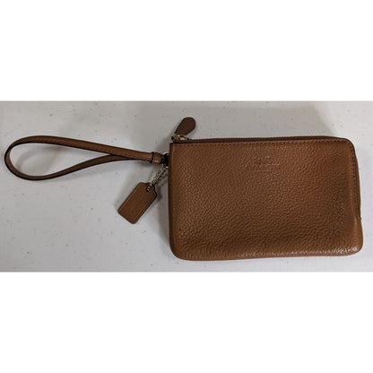 Coach Double-Zip Pebbled Leather Wristlet 4"x6"x1" With 5-Inch Strap In Saddle Brown