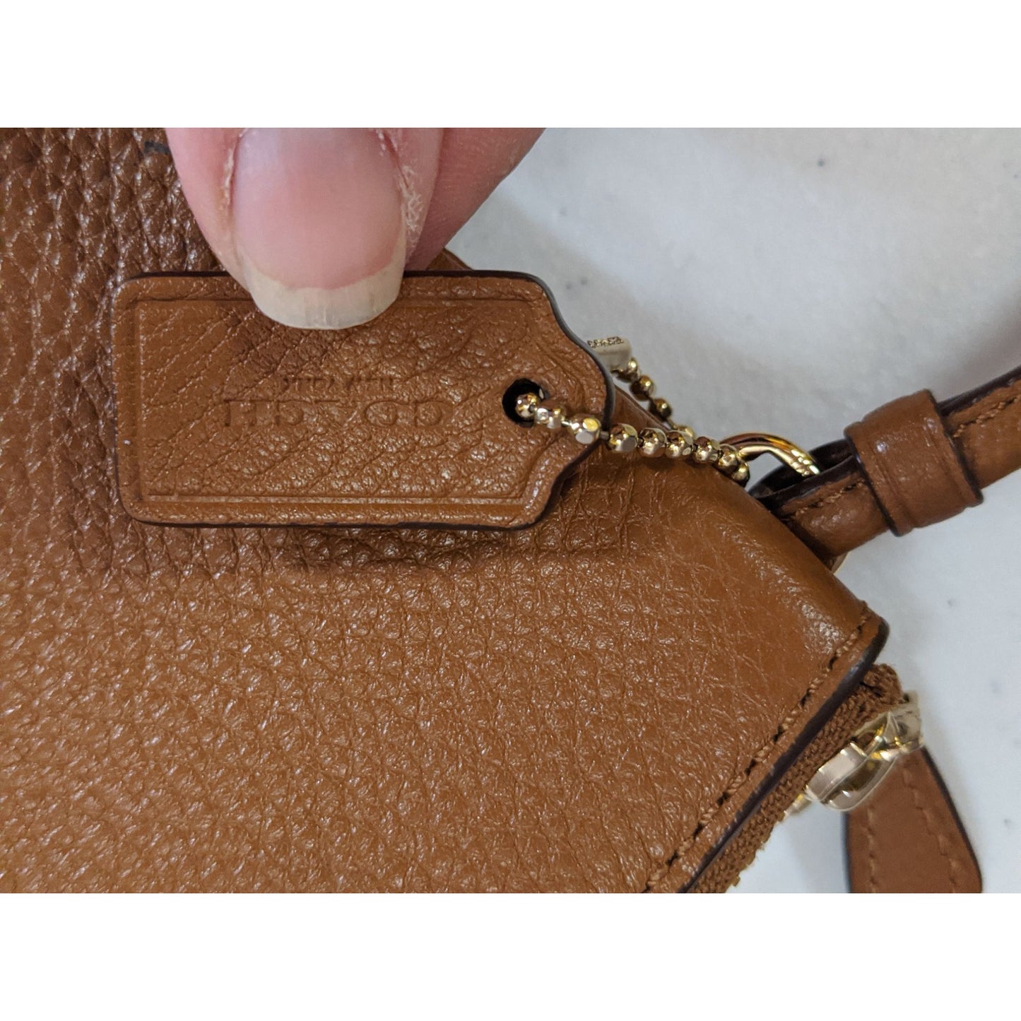 Coach Double-Zip Pebbled Leather Wristlet 4"x6"x1" With 5-Inch Strap In Saddle Brown