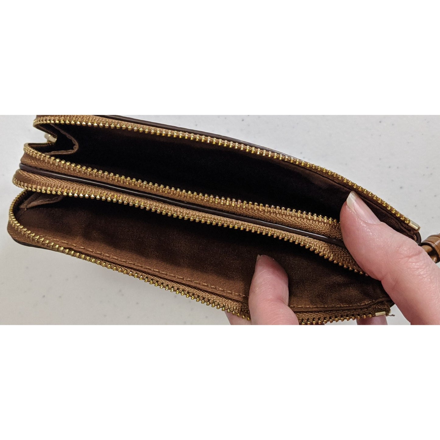 Coach Double-Zip Pebbled Leather Wristlet 4"x6"x1" With 5-Inch Strap In Saddle Brown