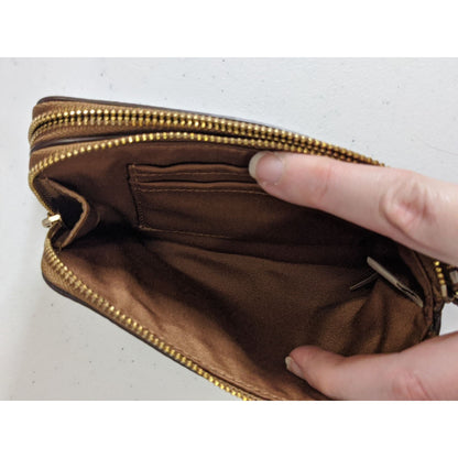 Coach Double-Zip Pebbled Leather Wristlet 4"x6"x1" With 5-Inch Strap In Saddle Brown