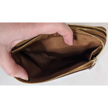 Coach Double-Zip Pebbled Leather Wristlet 4"x6"x1" With 5-Inch Strap In Saddle Brown