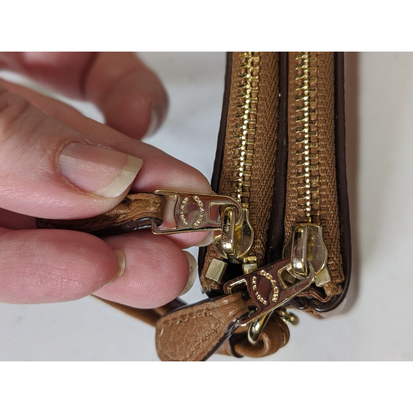 Coach Double-Zip Pebbled Leather Wristlet 4"x6"x1" With 5-Inch Strap In Saddle Brown