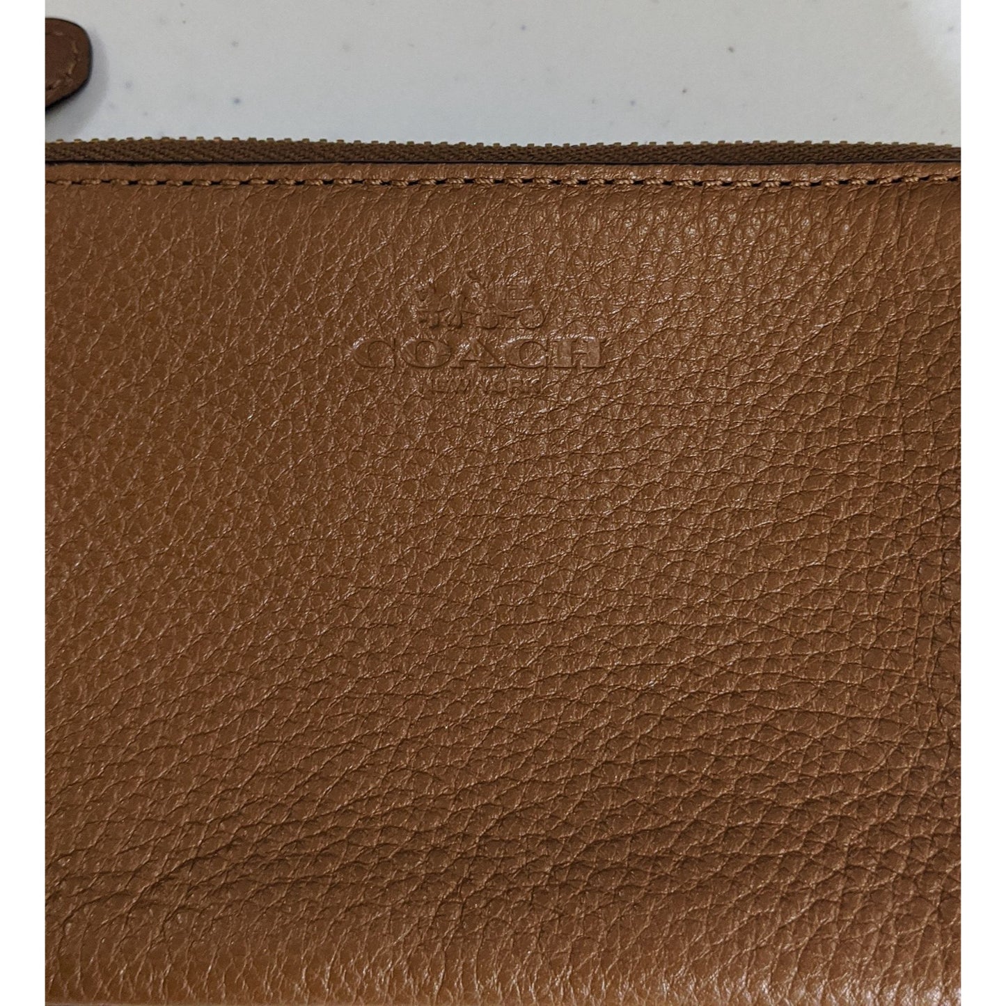 Coach Double-Zip Pebbled Leather Wristlet 4"x6"x1" With 5-Inch Strap In Saddle Brown