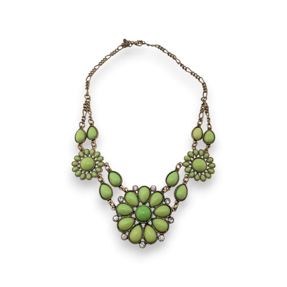 Boho Floral Lime Green Rhinestone Antique Gold Tone Statement Necklace 16 Inch