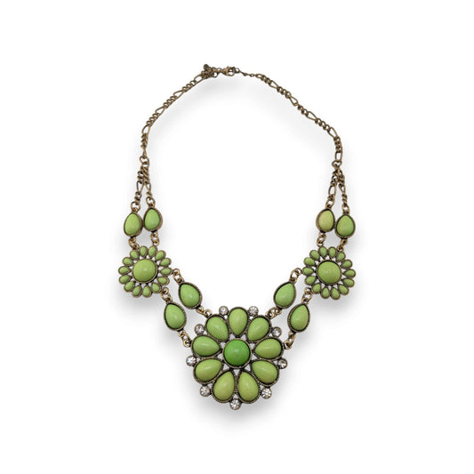 Boho Floral Lime Green Rhinestone Antique Gold Tone Statement Necklace 16 Inch