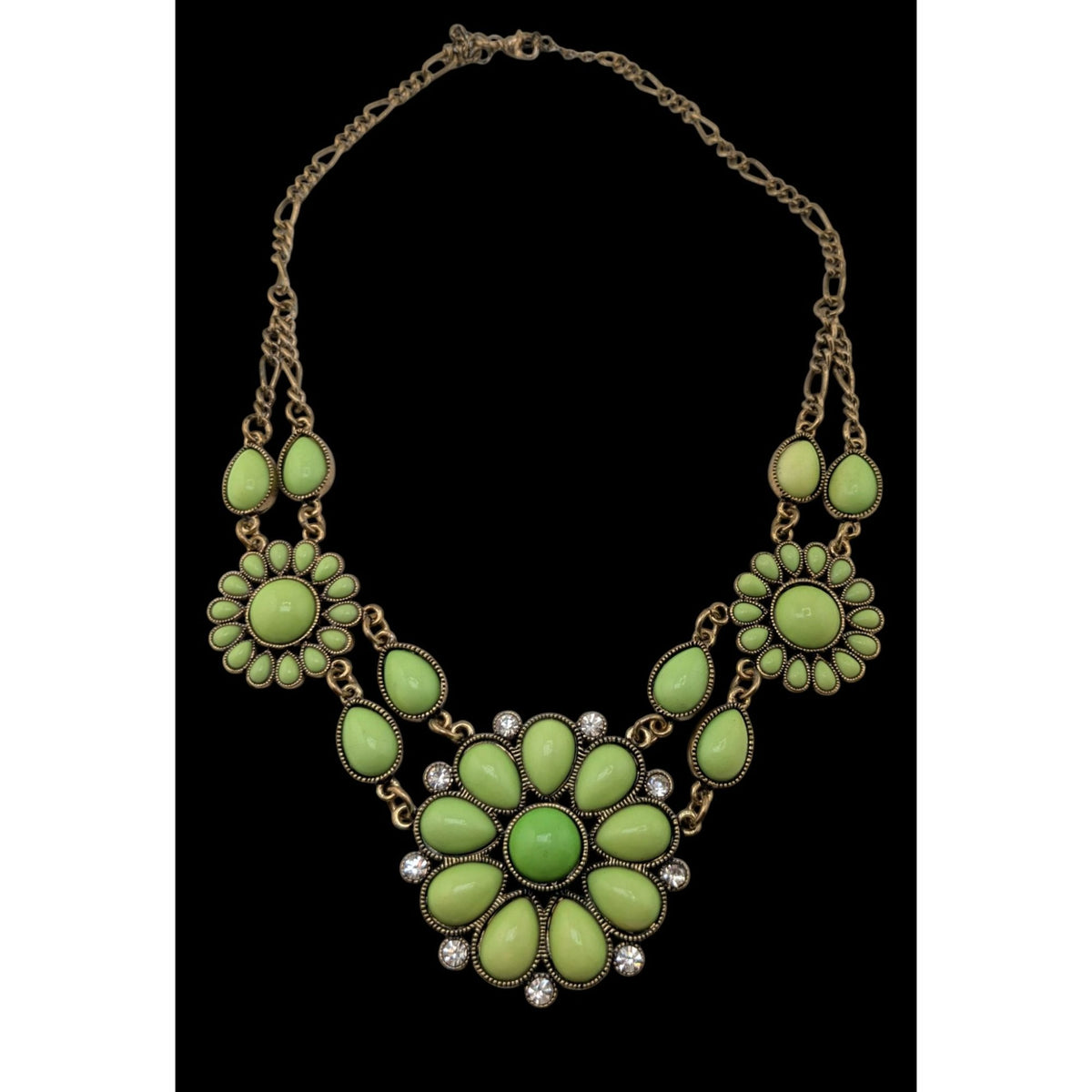 Boho Floral Lime Green Rhinestone Antique Gold Tone Statement Necklace 16 Inch