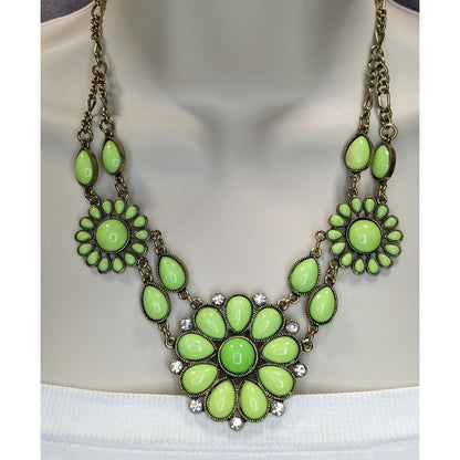 Boho Floral Lime Green Rhinestone Antique Gold Tone Statement Necklace 16 Inch
