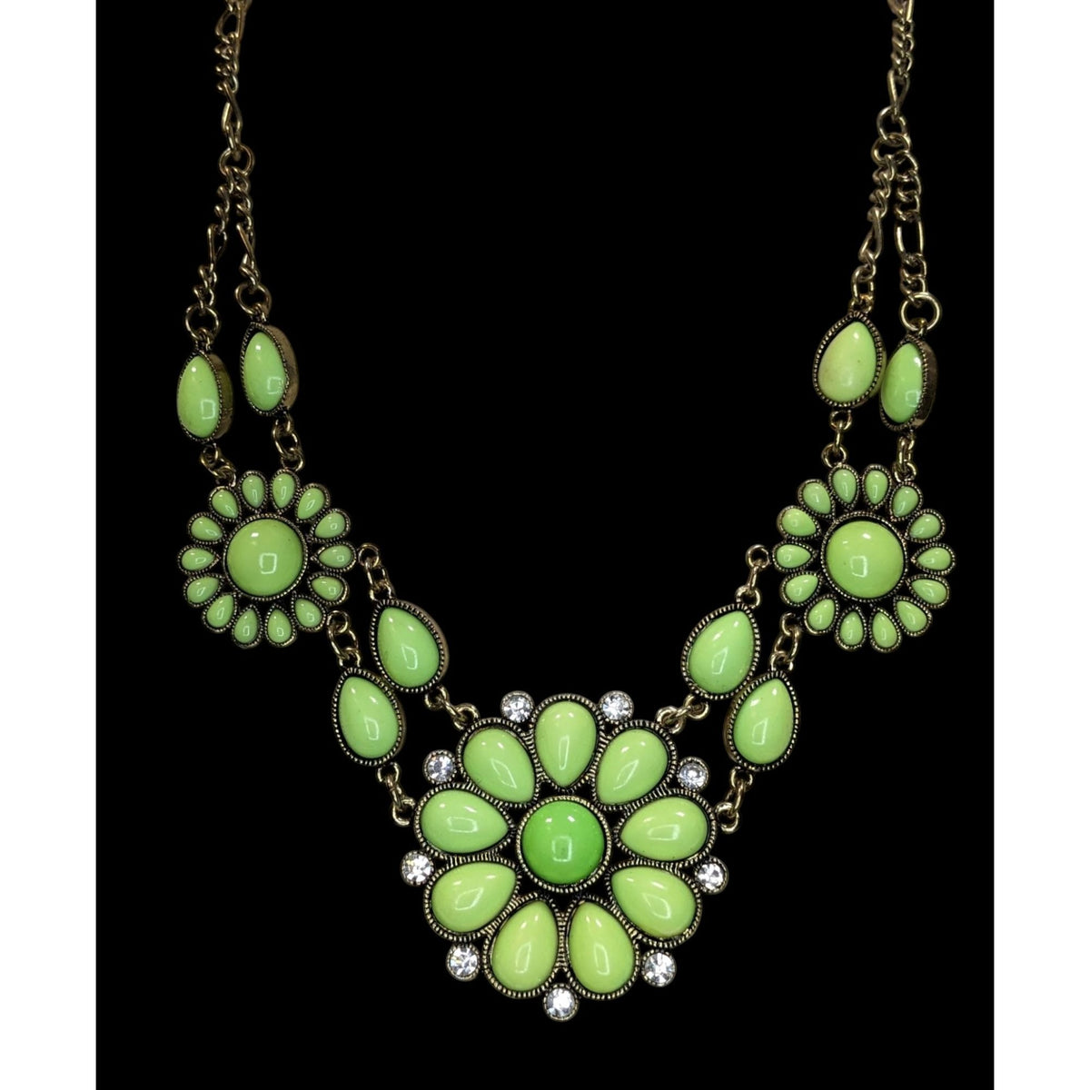 Boho Floral Lime Green Rhinestone Antique Gold Tone Statement Necklace 16 Inch