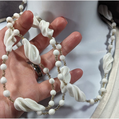 Vintage White Lucite And Glass Beaded Necklace
