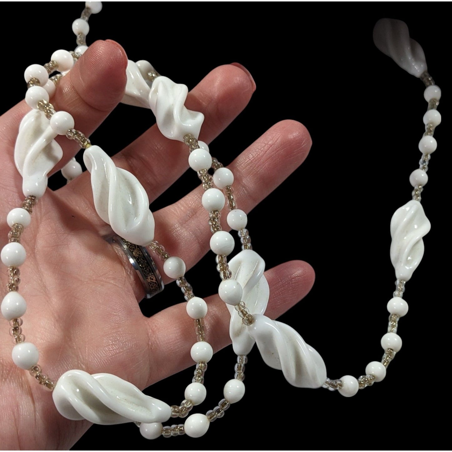 Vintage White Lucite And Glass Beaded Necklace
