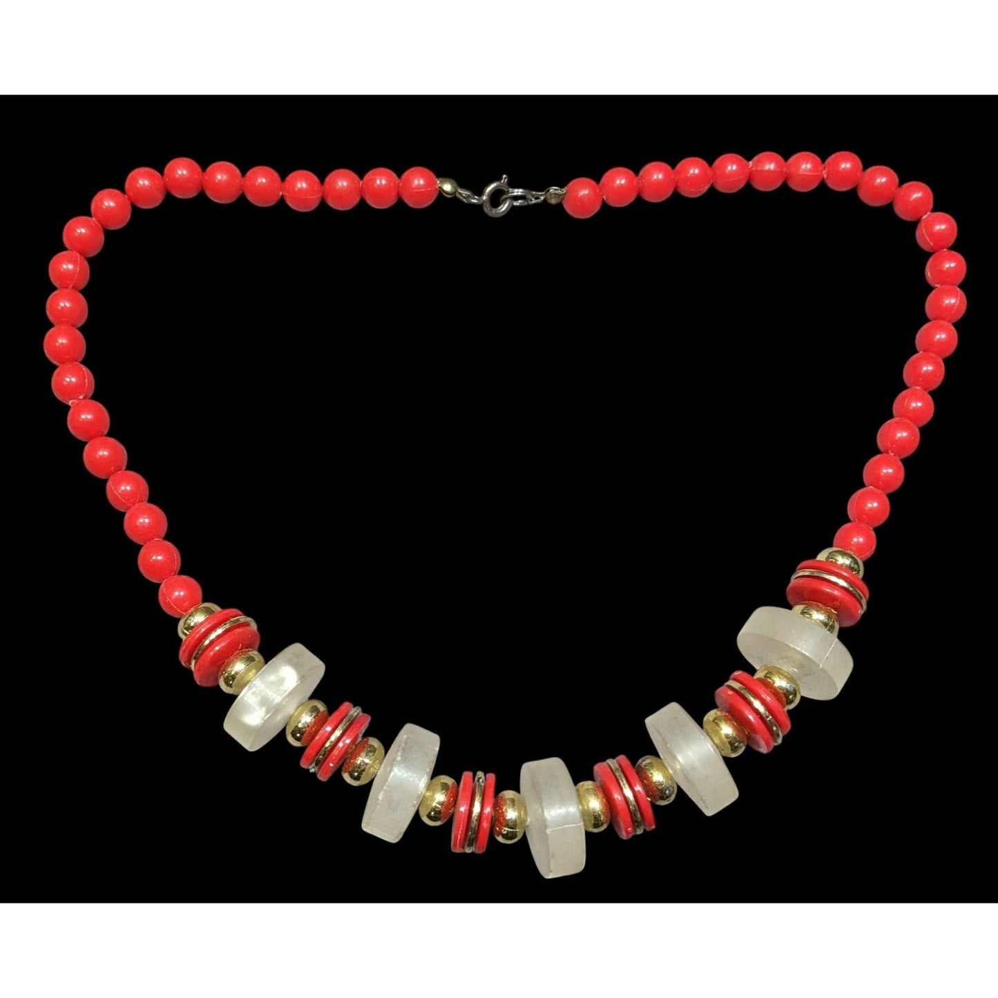 Vintage Retro Red Beaded Necklace W/ Frosted Clear & Gold Tone Accents