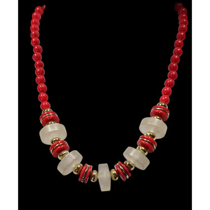 Vintage Retro Red Beaded Necklace W/ Frosted Clear & Gold Tone Accents