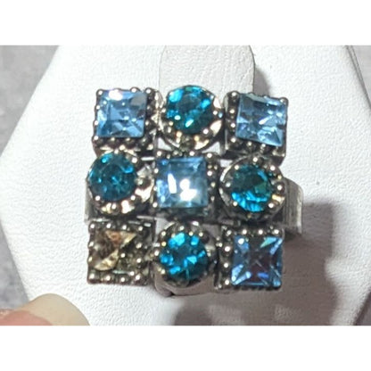 Vintage Blue And Silver Tone Signed Adjustable Statement Ring Size 7 1/2