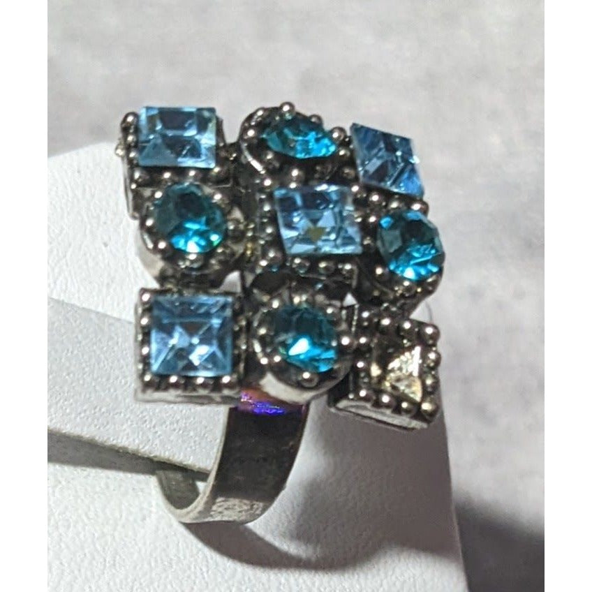 Vintage Blue And Silver Tone Signed Adjustable Statement Ring Size 7 1/2