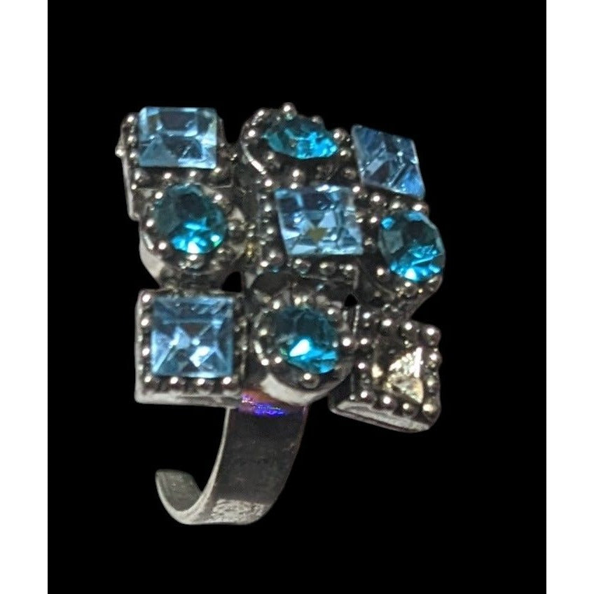 Vintage Blue And Silver Tone Signed Adjustable Statement Ring Size 7 1/2