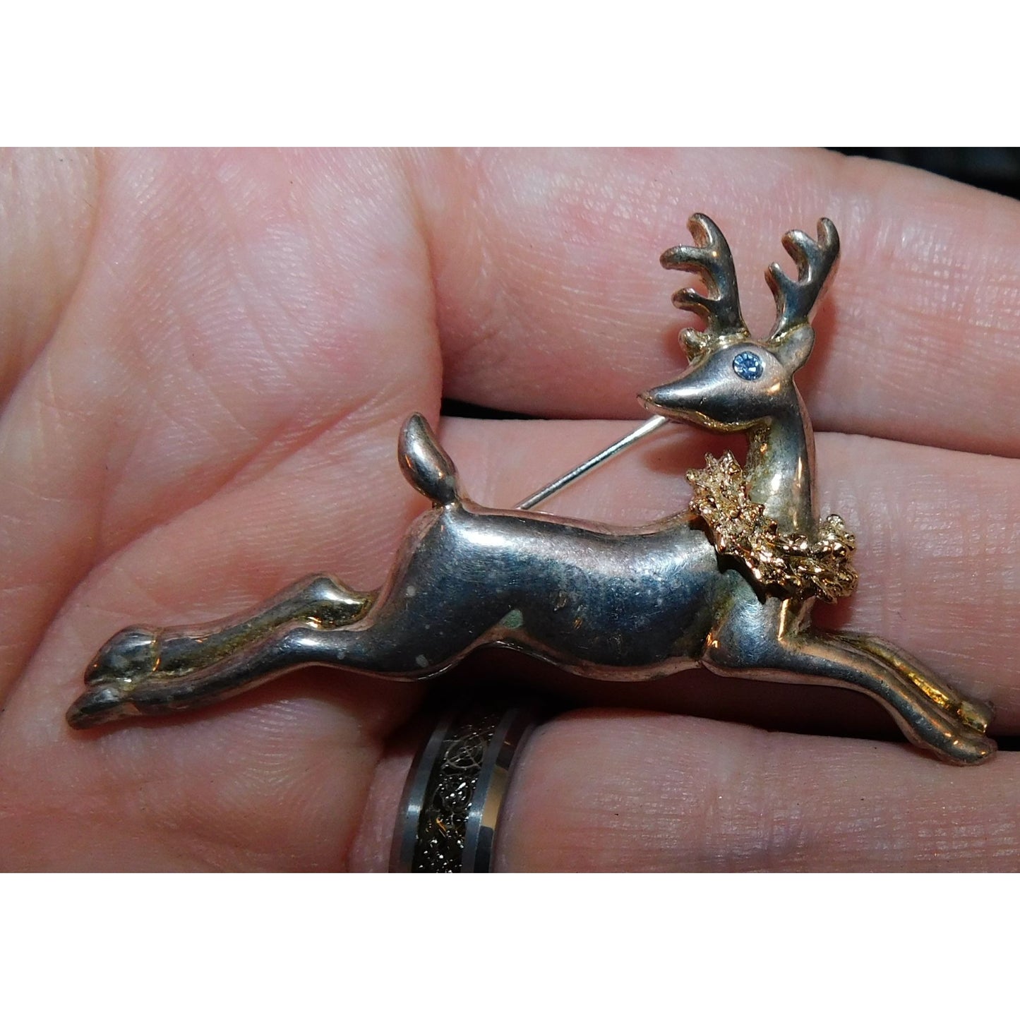 Vintage Festive Reindeer Brooch Silver Tone With Blue Rhinestone Eye