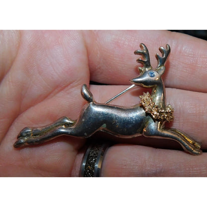 Vintage Festive Reindeer Brooch Silver Tone With Blue Rhinestone Eye