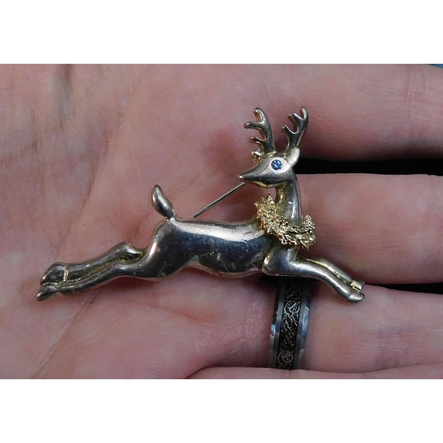 Vintage Festive Reindeer Brooch Silver Tone With Blue Rhinestone Eye
