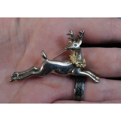 Vintage Festive Reindeer Brooch Silver Tone With Blue Rhinestone Eye