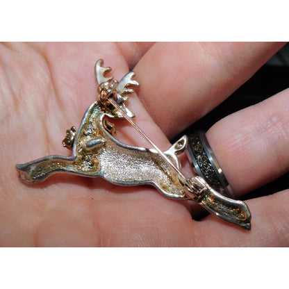 Vintage Festive Reindeer Brooch Silver Tone With Blue Rhinestone Eye