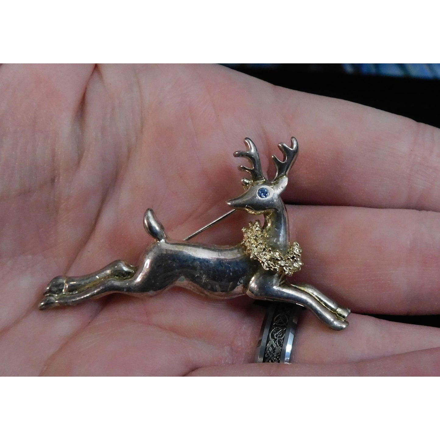 Vintage Festive Reindeer Brooch Silver Tone With Blue Rhinestone Eye