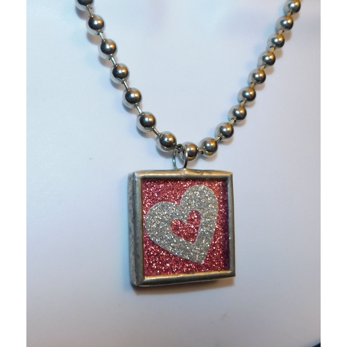 Coquette Pink And Silver Tone Glitter Kiss Heart Reversible Pendant Necklace