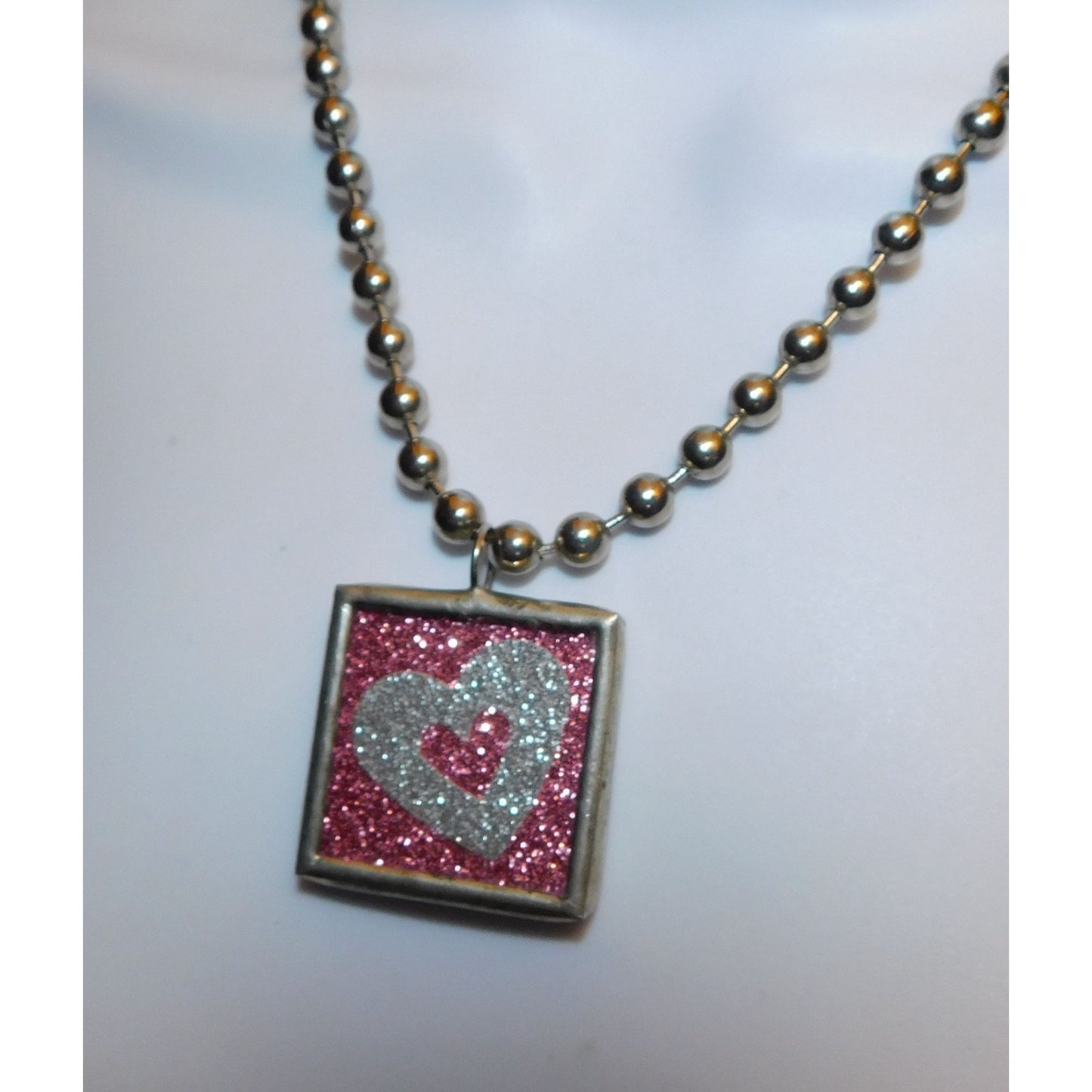 Coquette Pink And Silver Tone Glitter Kiss Heart Reversible Pendant Necklace