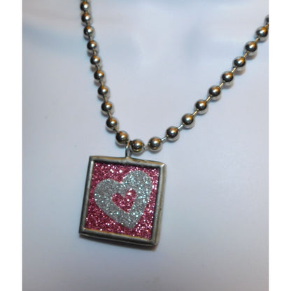 Coquette Pink And Silver Tone Glitter Kiss Heart Reversible Pendant Necklace