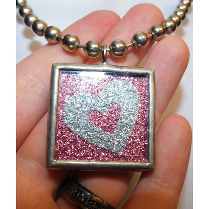 Coquette Pink And Silver Tone Glitter Kiss Heart Reversible Pendant Necklace