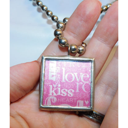 Coquette Pink And Silver Tone Glitter Kiss Heart Reversible Pendant Necklace