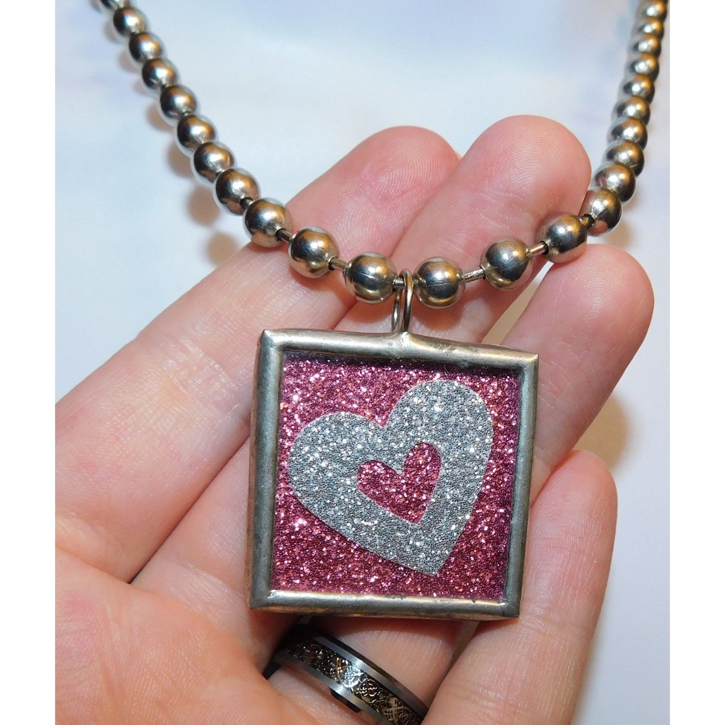 Coquette Pink And Silver Tone Glitter Kiss Heart Reversible Pendant Necklace