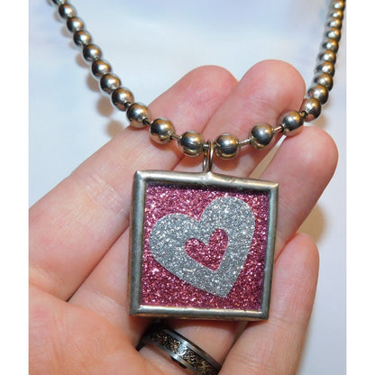 Coquette Pink And Silver Tone Glitter Kiss Heart Reversible Pendant Necklace