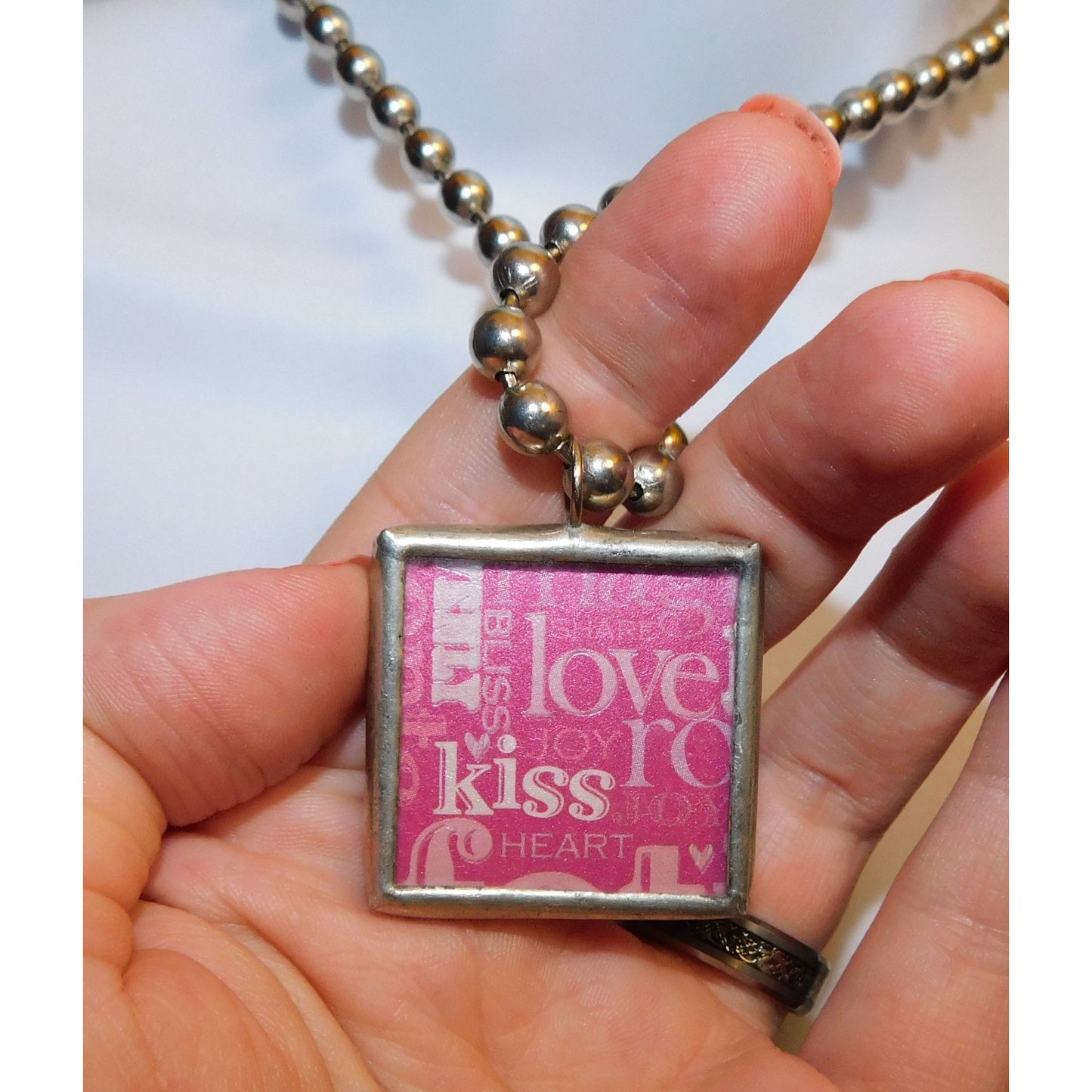 Coquette Pink And Silver Tone Glitter Kiss Heart Reversible Pendant Necklace