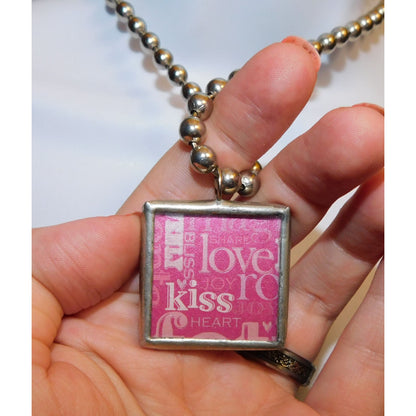 Coquette Pink And Silver Tone Glitter Kiss Heart Reversible Pendant Necklace