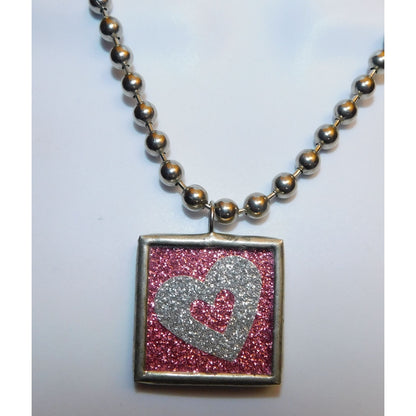 Coquette Pink And Silver Tone Glitter Kiss Heart Reversible Pendant Necklace