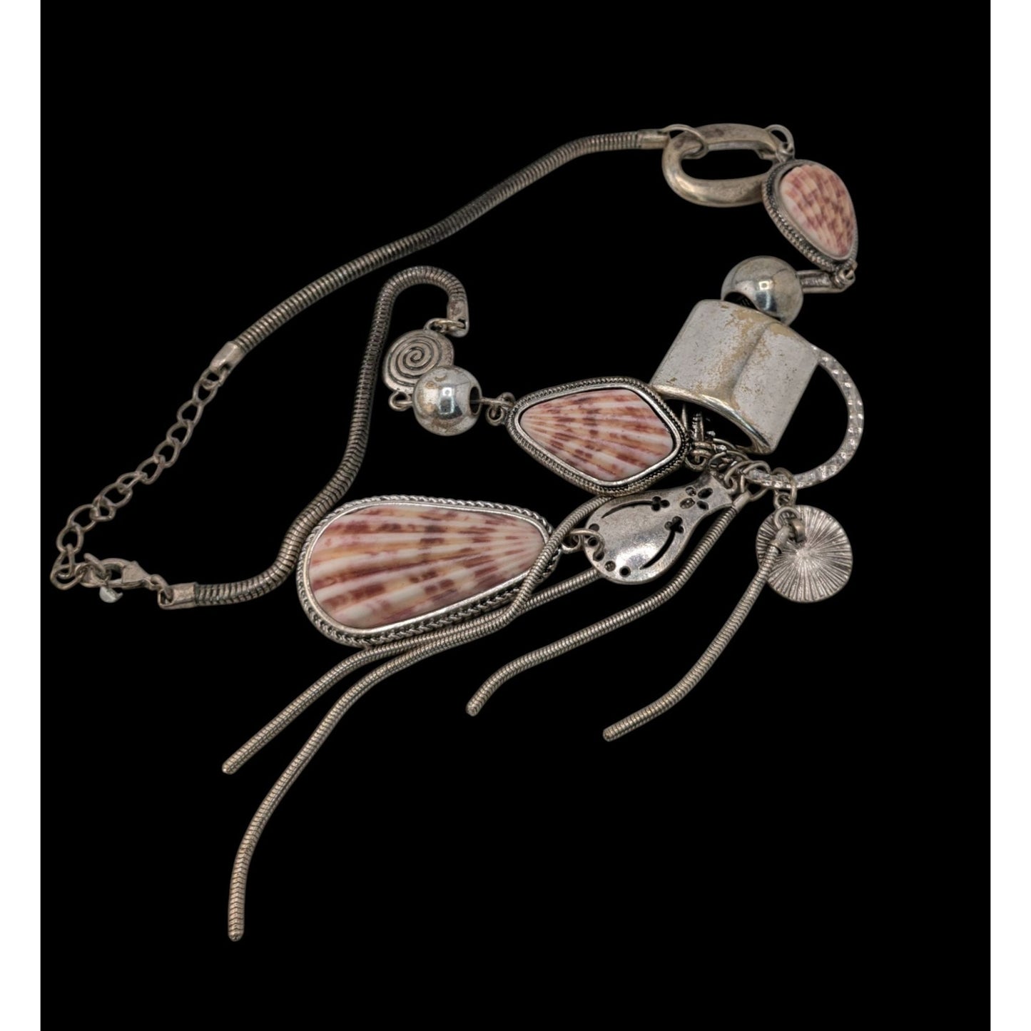 Boho Mermaidcore Brutalist Statement Faux Shell Tassel Necklace Silver Tone Coastal Art Jewelry